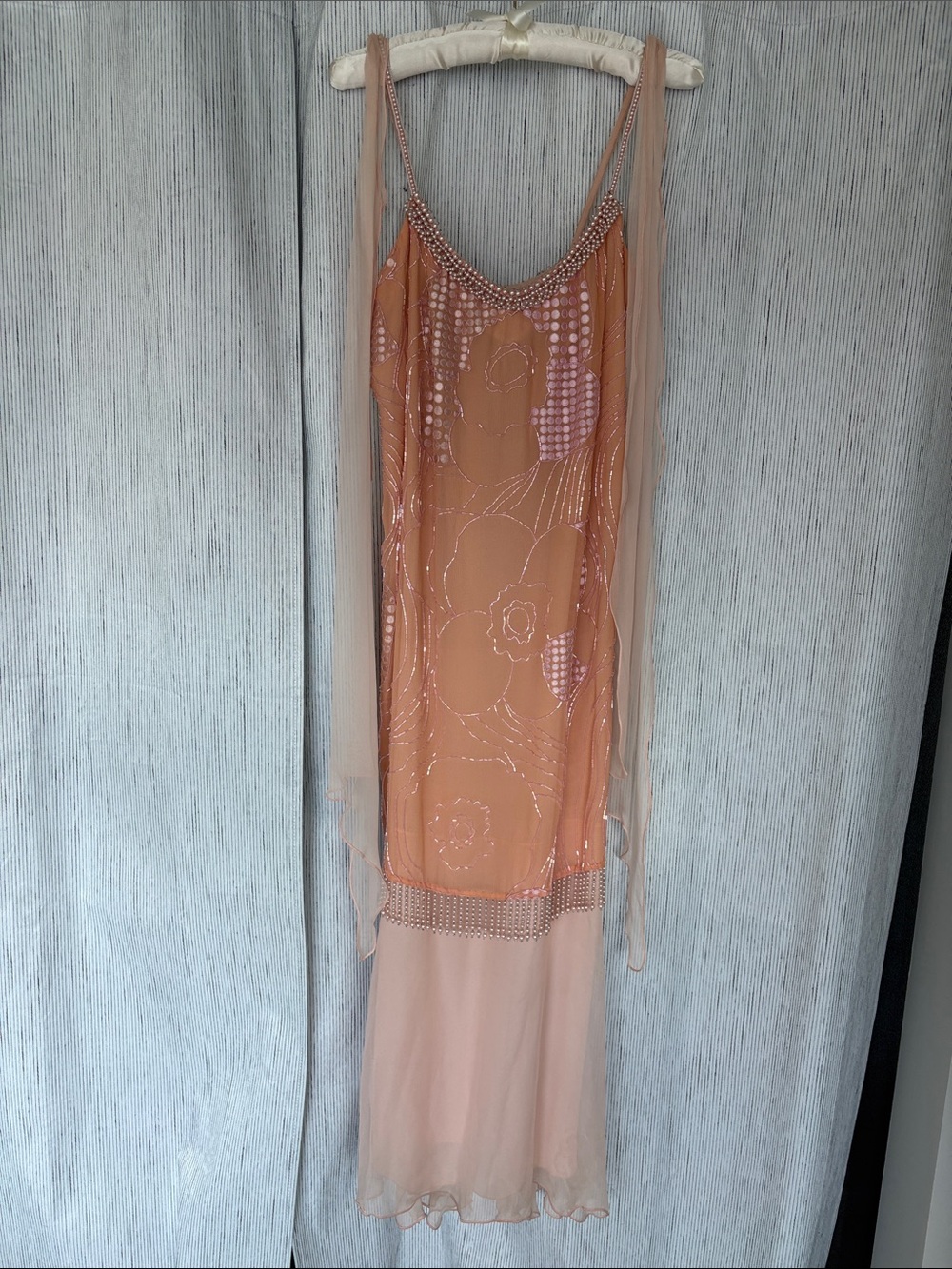 Rare Holly Harp-Sheer Embellished Peach Slip Dress - Women Formal or wedding.